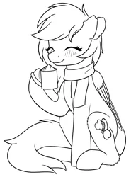 Size: 1108x1500 | Tagged: safe, artist:mynder, derpibooru import, oc, oc:lunacy, unofficial characters only, pegasus, pony, black and white, blushing, chocolate, clothes, ergonomics, fluffy, food, grayscale, hot chocolate, monochrome, scarf, sketch, solo