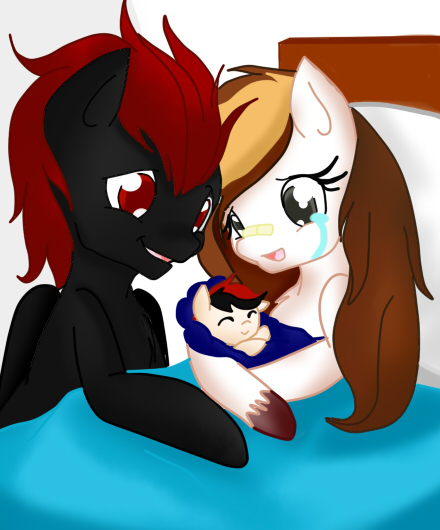 Size: 440x530 | Tagged: artist:hikariviny, bed, birth, crying, derpibooru import, female, foal, male, mare, newborn, oc, oc:brave heart, oc:braveheart night, oc:shady night, oc:sweet lullaby, offspring, parent:oc:shady night, parent:oc:sweet lullaby, parents:oc x oc, pegasus, safe, stallion, tears of joy