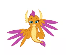 Size: 844x710 | Tagged: suggestive, derpibooru import, edit, editor:proto29, smolder, dracony, dragon, feathered dragon, hybrid, pony, bedroom eyes, colored wings, dragoness, featureless crotch, female, grin, lip bite, looking at you, multicolored wings, simple background, sitting, smiling, solo, transformation, white background, wings