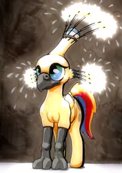 Size: 1887x2665 | Tagged: armor, artist:oddwarg, beak, classical hippogriff, derpibooru import, female, hippogriff, oc, oc:sulphur nimbus, rainbow tail, safe, solo, sparkler (firework), sparklers, sulphur nimbus, talons, unofficial characters only, wings