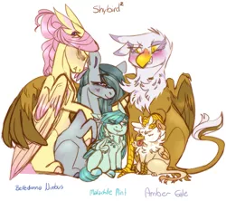 Size: 1551x1375 | Tagged: safe, artist:eqq_scremble, derpibooru import, fluttershy, gilda, marble pie, oc, oc:amber gale, oc:malachite mint, earth pony, gryphon, hybrid, pegasus, pony, eqqverse, alternate design, ear piercing, eared griffon, earring, family, feather, female, gildashy, griffon hybrid, hair bun, hug, hybrid offspring, interspecies offspring, jewelry, lesbian, magical lesbian spawn, male, marbilda, marbildashy, marbleshy, mare, mother and child, next generation, offspring, ot3, parent:fluttershy, parent:gilda, parent:marble pie, parents:marbilda, parents:marbleshy, piercing, polyamory, pony hybrid, pregnant, shipping, simple background, smiling, tired, winghug