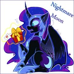 Size: 813x814 | Tagged: safe, artist:esmeia, derpibooru import, nightmare moon, alicorn, pony, blushing, christmas, curved horn, cute, female, helmet, holiday, horn, implied princess celestia, jewelry, magic, mare, moonabetes, open mouth, present, regalia, simple background, solo, telekinesis, white background