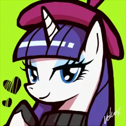 Size: 300x300 | Tagged: artist:volvolvox, beatnik rarity, beret, bust, clothes, derpibooru import, green background, hat, heart, icon, lidded eyes, portrait, rarity, safe, signature, simple background, solo, sweater, sweet and elite