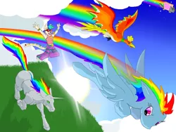 Size: 1600x1200 | Tagged: safe, derpibooru import, rainbow dash, anthro, ho-oh, pegasus, pony, anthro with ponies, cloud, emoticon, female, flying, furries in a blender, furry, galloping, mare, nyan cat, pokémon, rainbow trail, renard, robot unicorn attack, sun