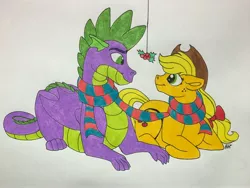 Size: 4032x3024 | Tagged: safe, artist:bellbell123, derpibooru import, applejack, spike, dragon, pony, applespike, bow, christmas, clothes, female, hair bow, holiday, holly, holly mistaken for mistletoe, looking at each other, male, older, older spike, prone, scarf, shared clothing, shared scarf, shipping, straight, traditional art, winged spike