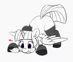Size: 1280x1101 | Tagged: safe, artist:pabbley, derpibooru import, twilight sparkle, twilight sparkle (alicorn), alicorn, pony, blushing, clothes, cute, duster, face down ass up, female, floating heart, heart, maid, maid headdress, mare, monochrome, mouth hold, partial color, shoes, simple background, sketch, smiling, socks, solo, stockings, thigh highs, twiabetes, white background