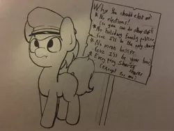 Size: 2048x1536 | Tagged: safe, artist:triplesevens, derpibooru import, oc, oc:marching order, earth pony, pony, dictator, hat, lineart, looking up, pen drawing, sign, sketch, solo, text, traditional art