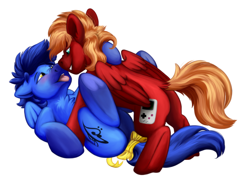 Size: 1843x1405 | Tagged: safe, artist:rudazmora, derpibooru import, oc, oc:score chaser, oc:skaj, pegasus, pony, blue, bow, gay, green eyes, male, ribbon, stallion, tail bow, tail wrap, tongue out, yellow, yellow eyes