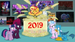 Size: 6270x3488 | Tagged: safe, artist:ejlightning007arts, derpibooru import, applejack, capper dapperpaws, captain celaeno, fizzlepop berrytwist, fluttershy, gallus, pinkie pie, princess skystar, queen novo, rainbow dash, rarity, silverstream, spike, starlight glimmer, storm king, sunset shimmer, tempest shadow, twilight sparkle, twilight sparkle (alicorn), alicorn, equestria girls, my little pony: the movie, 2019, :i, art museum, cake, clothes, female, food, gallstream, gasping, happy new year, happy new year 2019, holiday, i mean i see, infinity gauntlet, judy hopps, lesbian, male, shipping, shocked, straight, swimsuit, tempestlight, thanos, the incredibles, the incredibles 2, violet parr, zootopia
