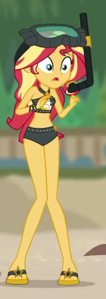 Size: 216x608 | Tagged: safe, derpibooru import, screencap, sunset shimmer, equestria girls, equestria girls series, unsolved selfie mysteries, belly button, bikini, clothes, cropped, curvy, cute, feet, female, flip-flops, geode of empathy, goggles, hourglass figure, legs, magical geodes, midriff, sandals, shimmerbetes, sleeveless, snorkel, solo, swimsuit