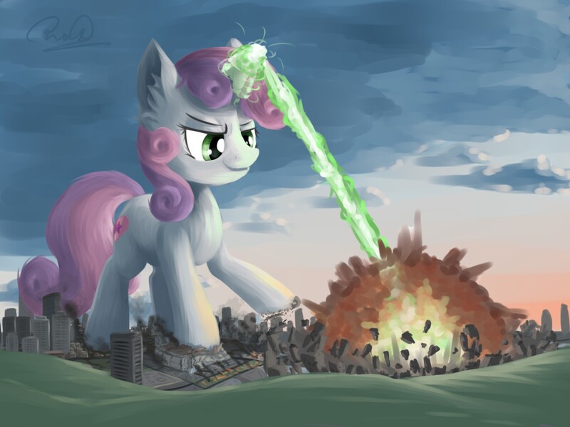 Size: 1280x960 | Tagged: safe, artist:ravistdash, derpibooru import, sweetie belle, pony, unicorn, building, city, destruction, explosion, female, filly, giant pony, implied death, laser, macro, rampage