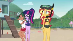 Size: 1920x1080 | Tagged: safe, derpibooru import, screencap, sunset shimmer, timber spruce, twilight sparkle, equestria girls, equestria girls series, unsolved selfie mysteries, beach, belly button, bikini, clothes, geode of empathy, geode of telekinesis, hat, legs, lifeguard timber, magical geodes, midriff, scuba gear, shorts, sleeveless, swimsuit