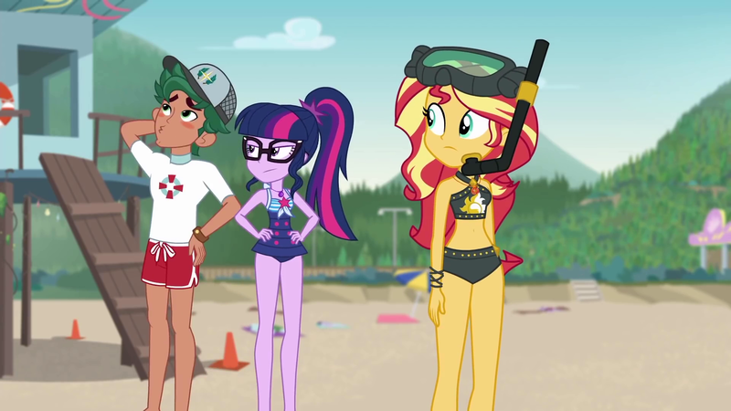 Size: 1920x1080 | Tagged: safe, derpibooru import, screencap, sci-twi, sunset shimmer, timber spruce, twilight sparkle, equestria girls, equestria girls series, unsolved selfie mysteries, angry, annoyed, beach, belly button, bikini, blushing, clothes, geode of empathy, geode of telekinesis, lifeguard timber, magical geodes, midriff, ponytail, sand, scuba gear, sleeveless, snorkel, swimsuit, unimpressed, whistling