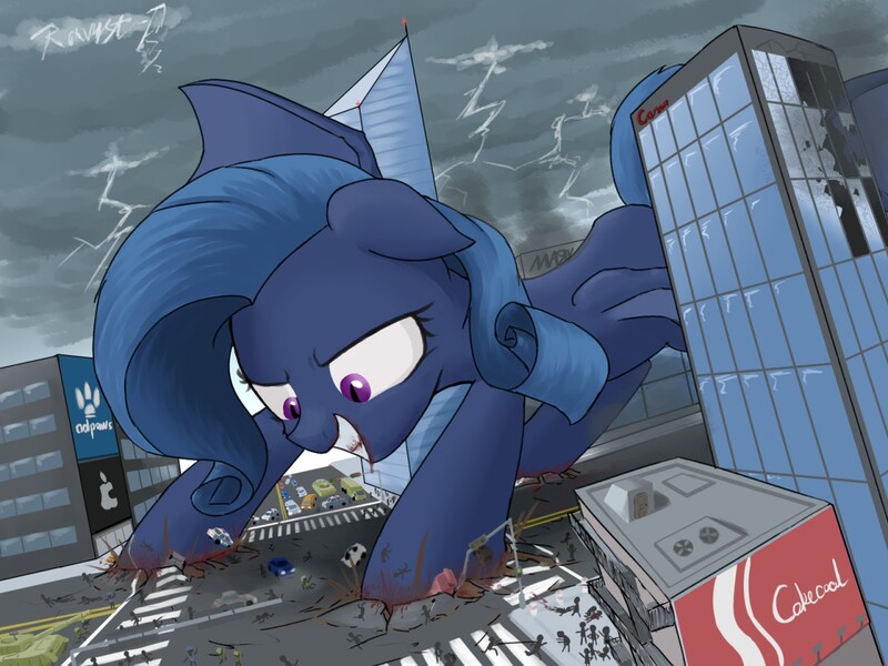 Size: 1280x960 | Tagged: grimdark, artist:ravistdash, derpibooru import, oc, oc:shadow diamond, bat pony, human, pony, abusive pony, blood, building, car, city, crush fetish, crushing, death, destruction, fetish, giant bat, giant bat pony, giant pony, implied vore, lightning, macro, police car, rampage, semi truck, street, tank (vehicle), vehicle