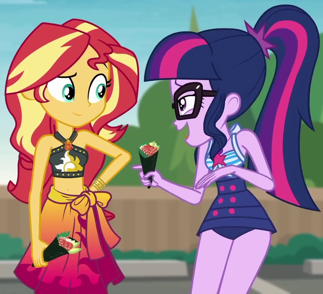 Size: 1056x962 | Tagged: safe, derpibooru import, screencap, sci-twi, sunset shimmer, twilight sparkle, equestria girls, equestria girls series, x marks the spot, belly button, clothes, cute, duo, duo female, female, food, geode of empathy, magical geodes, midriff, one-piece swimsuit, shimmerbetes, sleeveless, sushi, swimsuit, twiabetes