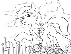 Size: 1600x1200 | Tagged: safe, artist:ravistdash, derpibooru import, oc, oc:thunder hooves, pegasus, pony, black and white, building, crush fetish, crushing, destruction, dock, fetish, grayscale, helicopter, lineart, looking back, macro, monochrome, rear view, underhoof