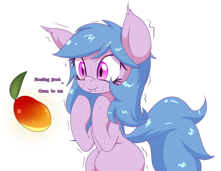 Size: 2125x1646 | Tagged: safe, artist:an-m, derpibooru import, oc, oc:fruit hulu, unofficial characters only, bat, bat pony, fruit bat, pony, bat pony oc, bat wings, c:, cute, ear tufts, eyes on the prize, fangs, female, floating, fruit, glow, looking at something, mare, misspelling, shivering, simple background, smiling, solo, sweat, transparent background, wingless, wings