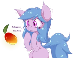 Size: 2125x1646 | Tagged: safe, artist:an-m, derpibooru import, oc, oc:fruit hulu, unofficial characters only, bat, bat pony, fruit bat, pony, bat pony oc, bat wings, c:, cute, ear tufts, eyes on the prize, fangs, female, floating, fruit, glow, looking at something, mare, misspelling, shivering, simple background, smiling, solo, sweat, transparent background, wingless, wings