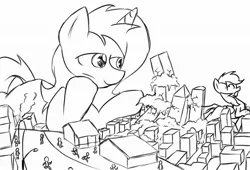 Size: 1280x871 | Tagged: safe, artist:ravistdash, derpibooru import, oc, human, pegasus, pony, unicorn, black and white, building, destruction, domino effect, grayscale, lamppost, macro, monochrome, road