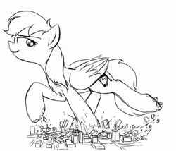 Size: 1280x1097 | Tagged: safe, artist:ravistdash, derpibooru import, oc, oc:ravist, unofficial characters only, pegasus, pony, black and white, building, city, crush fetish, crushing, destruction, fetish, grayscale, macro, monochrome