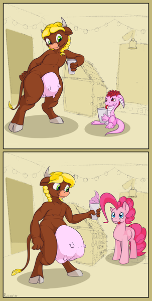 Size: 1860x3680 | Tagged: safe, alternate version, artist:rubiont, derpibooru import, pinkie pie, oc, oc:buttercup, oc:fidget tail, cow, dracony, dragon, hybrid, minotaur, pony, a dairy merry christmas, bulges, comic, fetish, food, ice cream, ice cream shop, link in description, non-fatal vore, pink, shop, story included, udder, udder bulge, udder vore, vore