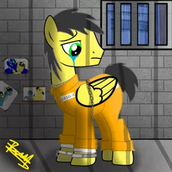 Size: 768x768 | Tagged: safe, artist:thunder burst, derpibooru import, oc, oc:thunder burst, pegasus, pony, bound wings, clothes, cuffs, male, prison, prison outfit, prisoner, sad, solo, wings