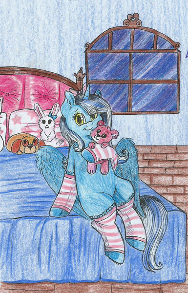 Size: 833x1298 | Tagged: safe, artist:69beas, derpibooru import, oc, oc:fleurbelle, unofficial characters only, alicorn, alicorn oc, bed, clothes, horn, socks, solo, striped socks, teddy bear, window, wings