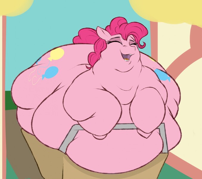 Size: 1280x1132 | Tagged: questionable, artist:astr0zone, derpibooru import, pinkie pie, earth pony, pony, belly, big belly, bingo wings, blob, butt, cart, double chin, fat, happy, huge belly, huge butt, immobile, impossibly large belly, impossibly large butt, large belly, large butt, morbidly obese, neck roll, obese, piggy pie, pudgy pie, rolls of fat, solo