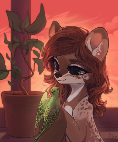 Size: 2666x3209 | Tagged: artist:graypillow, bird, coat markings, commission, deer, derpibooru import, looking at each other, oc, oc:talula roo, parrot, safe, spotted, unofficial characters only