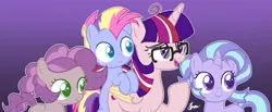 Size: 3857x1589 | Tagged: safe, artist:polymercorgi, derpibooru import, oc, oc:pastel magic, oc:sky twinkle, oc:static shock, unofficial characters only, alicorn, earth pony, pony, unicorn, colt, female, filly, glasses, magical lesbian spawn, male, mare, offspring, parent:maud pie, parent:moondancer, parent:mud briar, parent:pinkie pie, parent:rainbow dash, parent:starlight glimmer, parent:trixie, parent:twilight sparkle, parents:maudbriar, parents:pinkiedash, parents:startrix, parents:twidancer