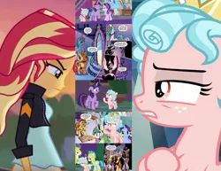 Size: 2600x2008 | Tagged: safe, derpibooru import, idw, cozy glow, princess celestia, starlight glimmer, sunset shimmer, twilight sparkle, twilight sparkle (alicorn), alicorn, human, pony, equestria girls, school raze, book, comics, comparison, cozy glow is not amused, foal, magic mirror, official comic, royal guard, the fall of sunset shimmer