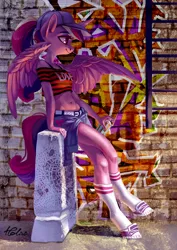 Size: 1461x2067 | Tagged: alicorn, ally, anthro, artist:holivi, baseball cap, belly button, belt, cap, clothes, converse, crossed legs, derpibooru import, female, graffiti, graffiti spray, happy, hat, hoof shoes, ladder, leaning back, legs, midriff, ponytail, princess cadance, safe, shirt, shoes, shorts, sitting, smiling, sneakers, socks, solo, spray paint, striped shirt, tail, tanktop, unguligrade anthro, wings