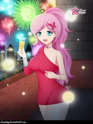 Size: 750x1000 | Tagged: safe, alternate version, artist:clouddg, derpibooru import, fluttershy, bat pony, human, equestria girls, 2019, bracelet, breasts, busty fluttershy, champagne, champagne glass, choker, chokershy, city, clothes, dress, ear piercing, earring, female, fireworks, flutterbat, geode of fauna, hairclip, happy new year, happy new year 2019, holiday, human coloration, jewelry, lipstick, magical geodes, makeup, open mouth, piercing, race swap, signature, smiling, solo