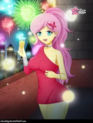Size: 750x1000 | Tagged: safe, artist:clouddg, derpibooru import, fluttershy, bat pony, human, equestria girls, 2019, bracelet, breasts, busty fluttershy, champagne, champagne glass, choker, chokershy, city, clothes, dress, ear piercing, earring, female, fireworks, flutterbat, geode of fauna, hairclip, happy new year, happy new year 2019, holiday, jewelry, lipstick, magical geodes, makeup, open mouth, piercing, race swap, signature, smiling, solo