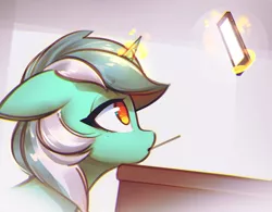 Size: 1404x1096 | Tagged: safe, artist:mirroredsea, derpibooru import, edit, lyra heartstrings, pony, unicorn, bored, chromatic aberration, chromatic aberration removal, female, floppy ears, glowing horn, horn, image, levitation, lidded eyes, magic, magic aura, mobile phone, mouth hold, phone, png, smartphone, solo, stylus, telekinesis