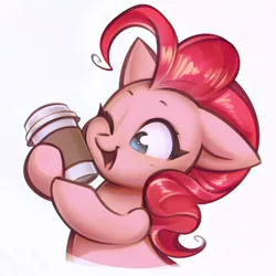 Size: 1404x1404 | Tagged: safe, artist:mirroredsea, derpibooru import, pinkie pie, earth pony, pony, coffee, coffee cup, cup, cute, diapinkes, female, mare, pinkie found the coffee, simple background, smiling, solo, xk-class end-of-the-world scenario