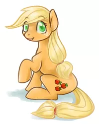 Size: 615x772 | Tagged: safe, artist:noth-chan, derpibooru import, applejack, earth pony, pony, cutie mark, eye clipping through hair, female, looking at you, mare, missing accessory, open mouth, raised hoof, simple background, sitting, solo, white background