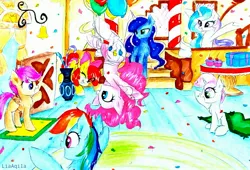Size: 2771x1889 | Tagged: safe, artist:liaaqila, derpibooru import, apple bloom, pinkie pie, princess celestia, princess luna, rainbow dash, scootaloo, sweetie belle, alicorn, earth pony, pegasus, pony, unicorn, balloon, bell, birthday, blanket, chest fluff, confetti, cupcake, cute, cutie mark crusaders, door, ear fluff, female, filly, food, happy birthday, mare, one eye closed, open mouth, present, raised hoof, royal sisters, scootalove, sugarcube corner, table, traditional art, upside down, vase, wink