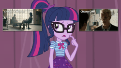Size: 1280x720 | Tagged: safe, derpibooru import, edit, edited screencap, screencap, sci-twi, twilight sparkle, equestria girls, equestria girls series, stressed in show, animated, black mirror, choose your own ending (season 1), crossover, cyoa, geode of telekinesis, gif, magical geodes, solo, spoiler for another series