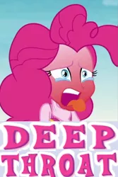 Size: 1207x1803 | Tagged: suggestive, derpibooru import, edit, edited screencap, screencap, pinkie pie, equestria girls, equestria girls series, x marks the spot, caption, cropped, expand dong, exploitable meme, image macro, implied blowjob, implied oral, implied sex, innuendo, meme, red face, solo, text, tongue out
