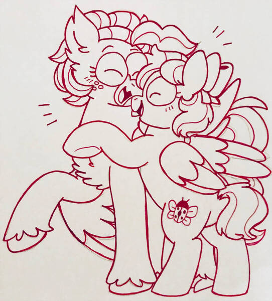 Size: 1024x1134 | Tagged: safe, artist:sandwichbuns, derpibooru import, oc, oc:ladybird, oc:spongecake, hippalectryon, hybrid, pegasus, pony, female, hug, interspecies offspring, magical lesbian spawn, mare, monochrome, offspring, parent:fluttershy, parent:pinkie pie, parent:princess skystar, parent:rainbow dash, parents:flutterdash, parents:skypie