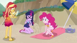 Size: 1585x885 | Tagged: safe, derpibooru import, screencap, pinkie pie, sci-twi, spike, spike the regular dog, sunset shimmer, twilight sparkle, dog, equestria girls, equestria girls series, x marks the spot, beach, bottle, clothes, cropped, curvy, feet, flip-flops, geode of sugar bombs, geode of telekinesis, glasses, magical geodes, ponytail, radio, sandals, sarong, skirt, sleeveless, swimsuit, umbrella