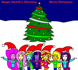 Size: 1916x1728 | Tagged: safe, artist:samueljcollins1990, derpibooru import, applejack, fluttershy, pinkie pie, rainbow dash, rarity, sunset shimmer, twilight sparkle, equestria girls, christmas, christmas tree, hat, hearth's warming, holiday, santa hat, tree