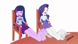Size: 2560x1440 | Tagged: suggestive, artist:cesar3o0, derpibooru import, rarity, twilight sparkle, equestria girls, barefoot, belt, blushing, bondage, bondage furniture, bowtie, chair, clothes, commission, crying, erotic tickling, eyes closed, eyeshadow, feather, feet, feet on table, female, femsub, fetish, foot fetish, laughing, makeup, open mouth, pleated skirt, simple background, skirt, soles, submissive, table, tears of laughter, tickle fetish, tickle torture, tickling, white background