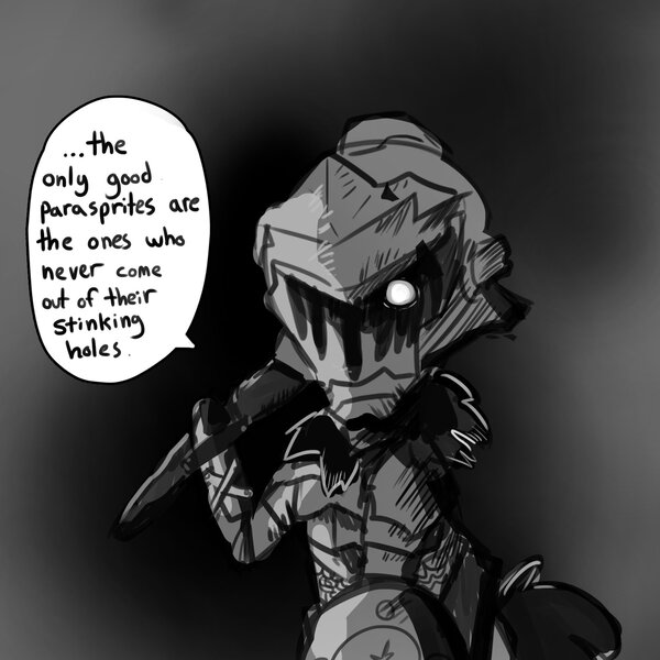 Size: 1650x1650 | Tagged: safe, artist:tjpones, derpibooru import, ponified, pony, abstract background, armor, dialogue, goblin slayer, grayscale, monochrome, solo, speech bubble, this will end in genocide