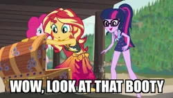Size: 1920x1080 | Tagged: safe, derpibooru import, edit, edited screencap, screencap, pinkie pie, sci-twi, sunset shimmer, twilight sparkle, equestria girls, equestria girls series, x marks the spot, caption, clothes, dialogue, double entendre, eyes on the prize, female, glasses, image macro, lesbian, meme, pun, scitwishimmer, shipping, sleeveless, sunsetsparkle, swimsuit, text, treasure chest