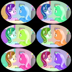 Size: 1080x1080 | Tagged: safe, color edit, derpibooru import, edit, edited screencap, screencap, starlight glimmer, trixie, pony, unicorn, road to friendship, animated in description, chair, colored, cropped, desk, excited, flower, grin, hue, looking at each other, png, quill, saturated, smiling, starlight's office, stars