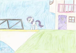 Size: 3489x2476 | Tagged: safe, artist:parclytaxel, derpibooru import, rarity, pony, unicorn, bridge, colored pencil drawing, female, implied amethyst star, mare, pencil drawing, solo, traditional art, walking