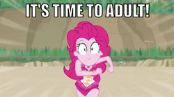 Size: 600x337 | Tagged: safe, derpibooru import, edit, edited screencap, screencap, pinkie pie, equestria girls, equestria girls series, forgotten friendship, animated, caption, clothes, cute, diapinkes, geode of sugar bombs, gif, image macro, magical geodes, reality ensues, running, solo, swimsuit, text