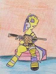 Size: 989x1318 | Tagged: artist:dice warwick, bedroom eyes, clothes, cyborg, derpibooru import, gun, leopard print, leopard print underwear, lipstick, mirage pony, naughty nightwear, nightwear, oc, oc:sizzle cymbal, one eye closed, panties, rifle, solo, spreading, spread legs, suggestive, traditional art, underwear, unofficial characters only, weapon, wink